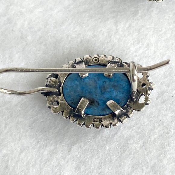 Sterling Silver 925 Oval Blue Denim Lapis Scrollwork Dangle Kidney Wire Earrings - Picture 13 of 16